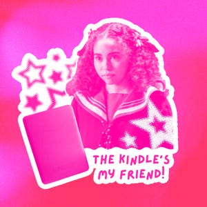 May include: A pink sticker featuring a young person with curly hair, a Kindle e-reader, and star graphics. The text "THE KINDLE'S MY FRIEND!" is also included. The background is a gradient of pink and red.