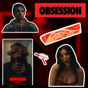May include: A collage featuring images and text related to the theme of obsession. Includes a poster with the title "Obsession", a stick of "One Wish Willow" candy, and images of people with blood. The word "CRACK" is also present.