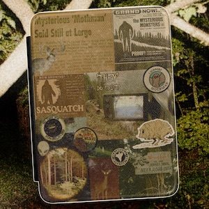 May include: A rectangular tablet case featuring a collage of cryptid-themed graphics, including text like Mysterious Mothman Said Still at Large, Sasquatch, They Do Exist, and I Support Mothman, alongside illustrations of a jackalope and a deer.