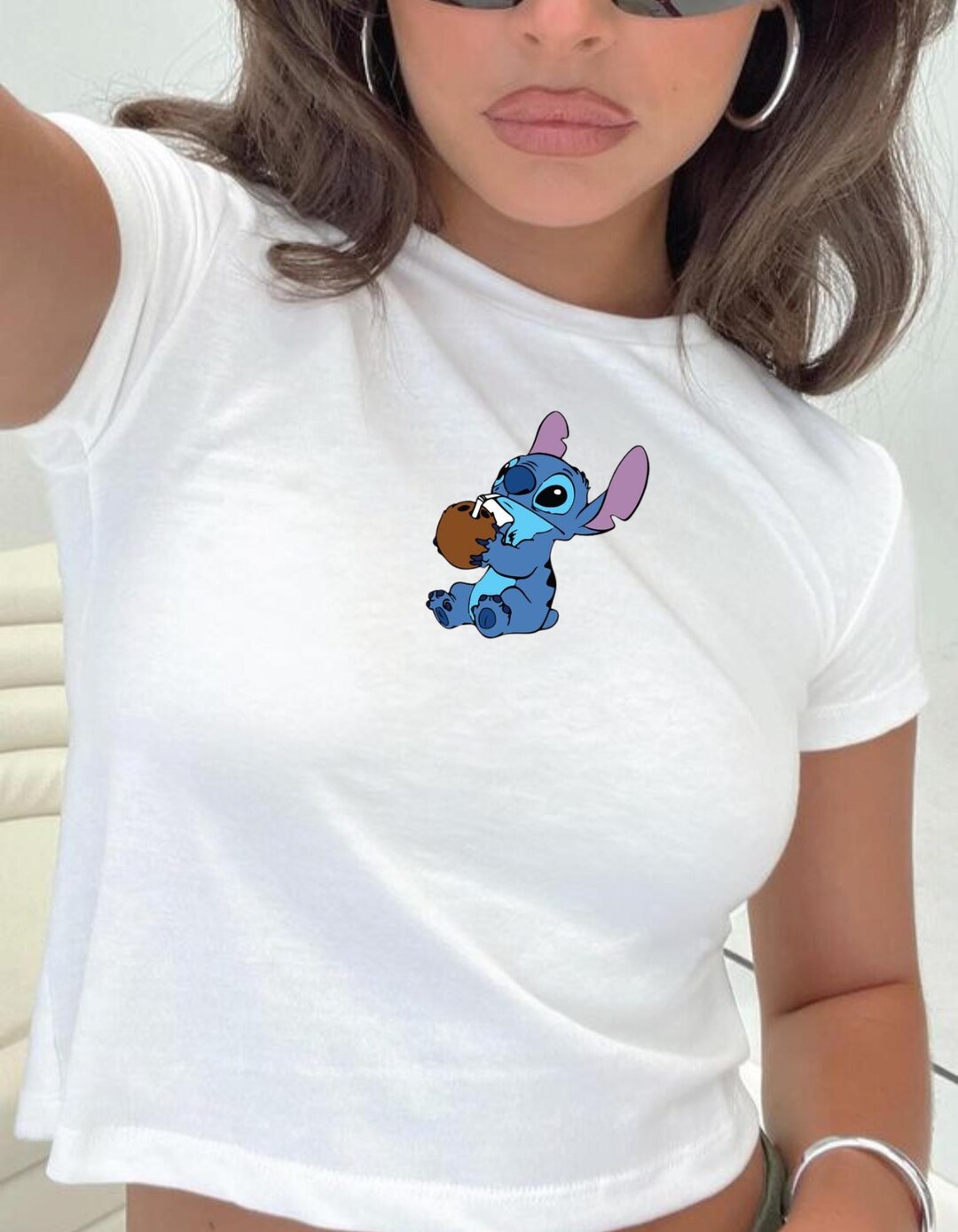Stitch with a Coconut Baby Tee, y2k baby tee, 90s baby tee, Stitch crop top, Disney Women's Top
