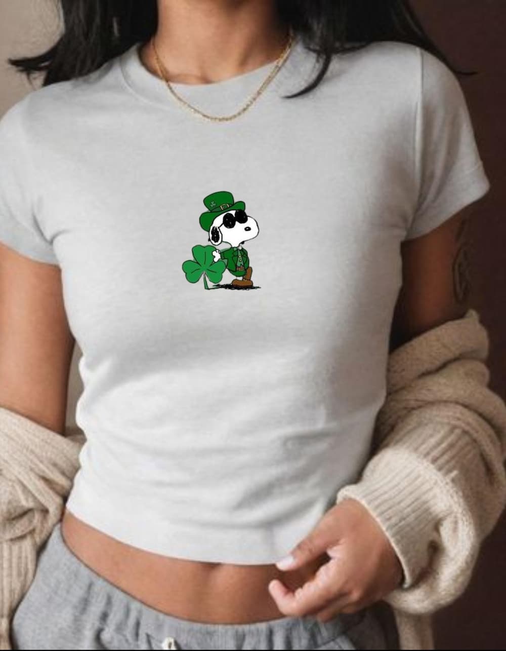 Snoopy St. Patrick'S Day Baby Tee, Coquette, Retro St. Patrick'S Tee, St. Paddy'S Aesthetic, Vintage, Graphic Tee, Trendy, Girly Crop Top Bespoketshirt Collections