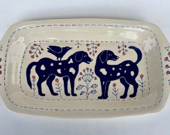 Ceramic Tray, Bue and White Dog Design