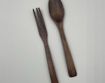 Juego de tenedor y cuchara de madera vintage de 10 pulgadas, tallado a mano, para servir ensaladas.