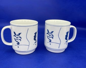 Juego de 2 tazas de té y café de porcelana asiática VTG con diseño de caballito de mar chinoiserie azul y blanco
