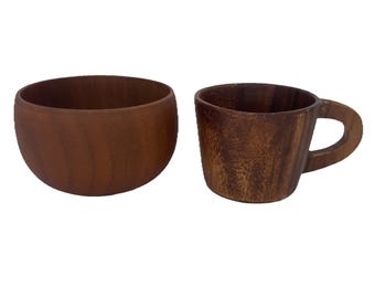 Juego de taza y tazón de madera tallada a mano estilo vintage de mediados de siglo XX