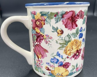 Prensa de popurrí vintage, rosa, amarillo y azul con estampado floral/Taza de café azul, 1988, 295 ml (10 oz), Corea