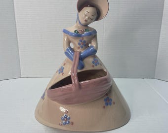 Figura vintage de la Dama de las Flores de MCM, 28 cm, cerámica californiana, rara, firmada con la inscripción "MP"