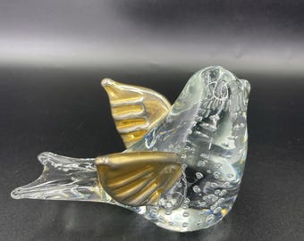 Figura de paloma de cristal burbuja estilo Murano, pisapapeles con alas metálicas doradas