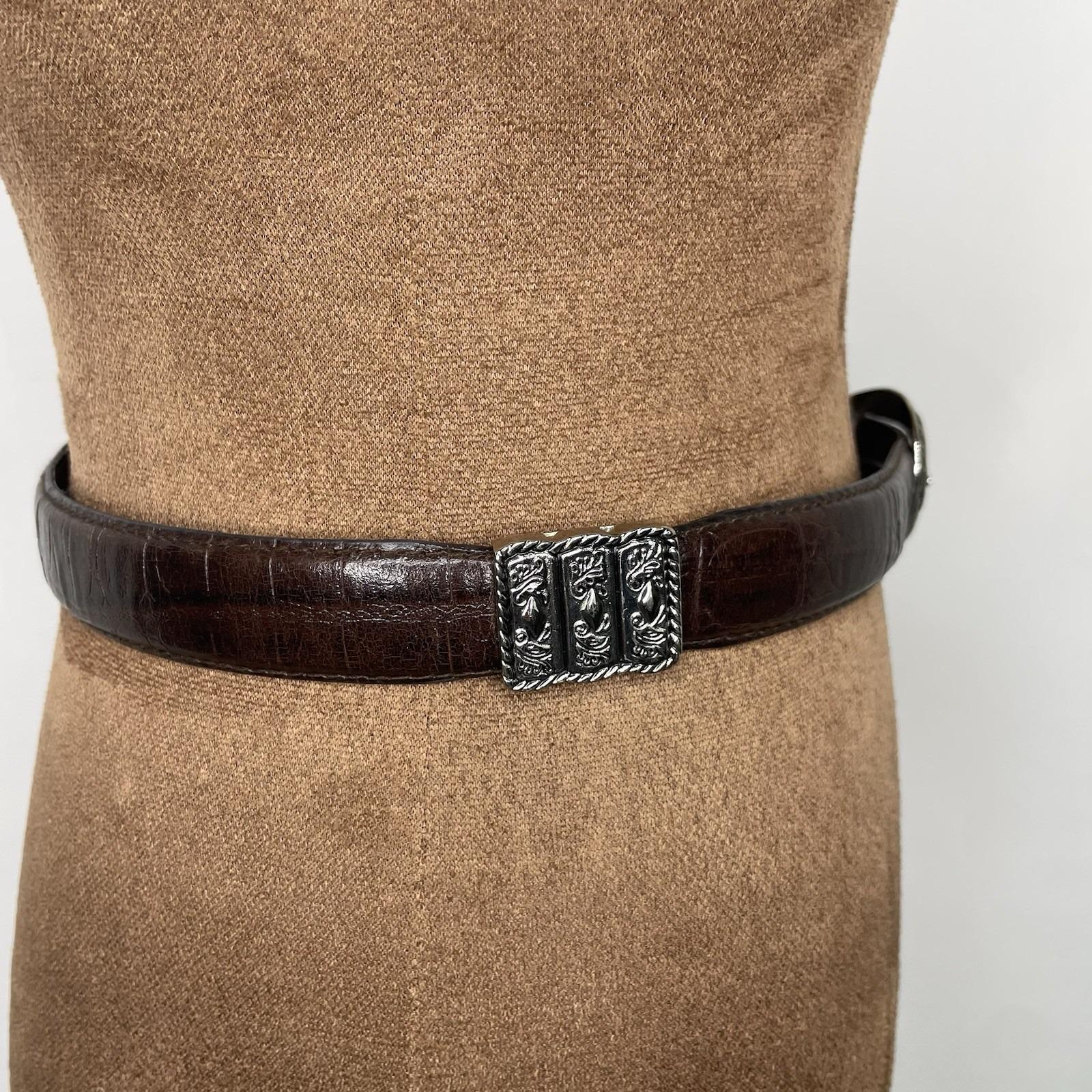 Vintage Brown Croc Leather Belt With Silver Buckle Filigree 
