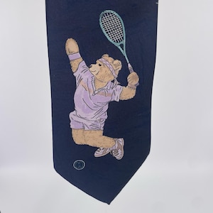 Vintage Halston Men's Tie- Navy Tennis Teddy Bear Tie 57"L, 4"W