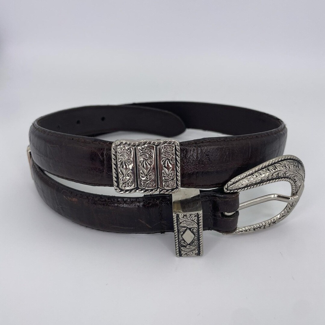 Vintage Brown Croc Leather Belt With Silver Buckle Filigree  display picture 2