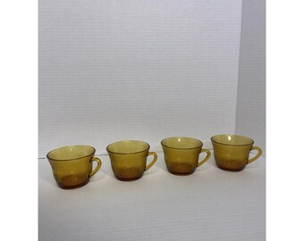 Juego de 4 tazas vintage de vidrio color miel, color ámbar dorado, Duralex Vereco, con diseño floral, Francia, 177 ml