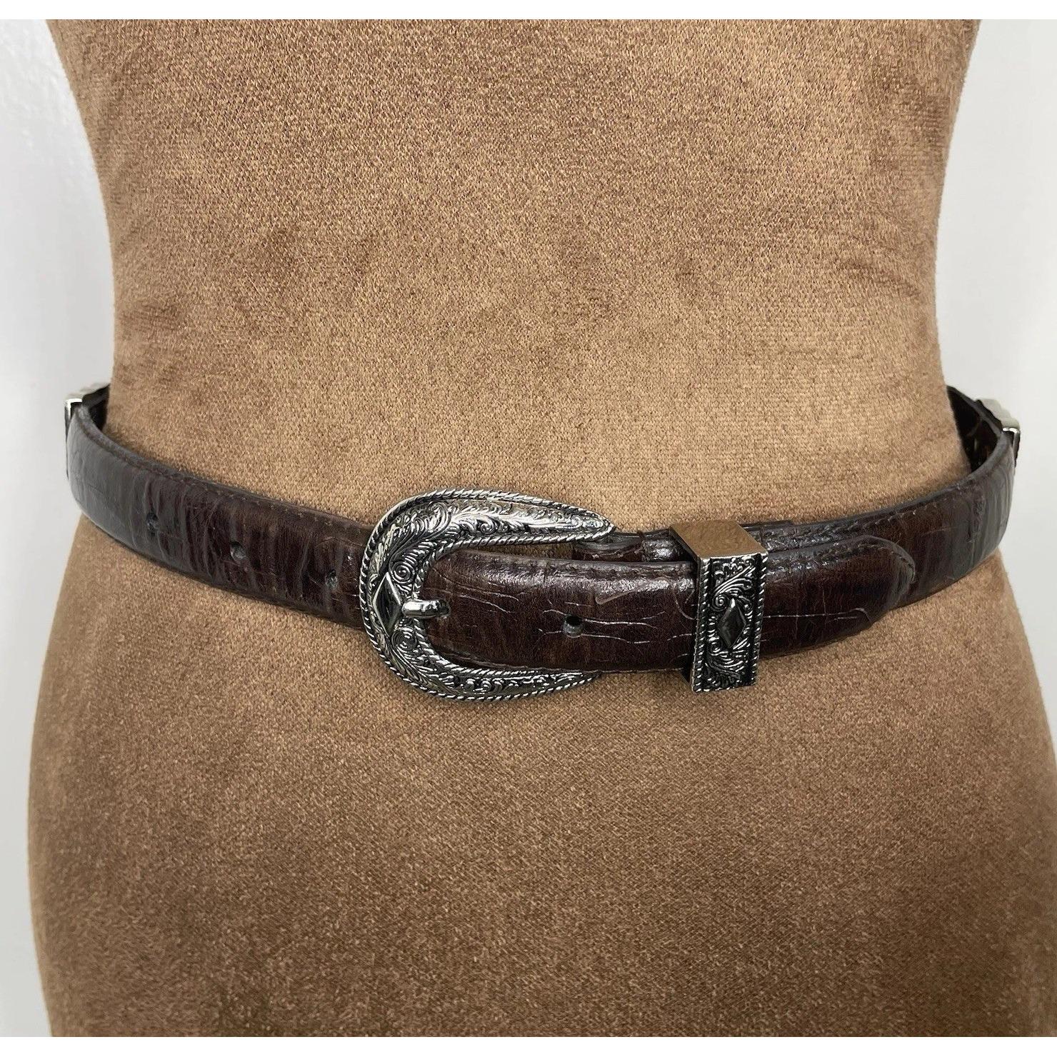 Vintage Brown Croc Leather Belt With Silver Buckle Filigree  display picture 1