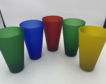 Vasos vintage MCM de vidrio esmerilado de colores primarios, 16 oz, juego de 5 - India