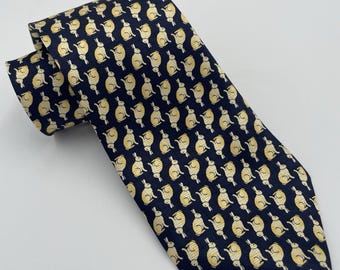 Corbata de seda vintage: Estampado novedoso de conejito azul marino
