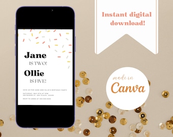Joint Birthday Digital Invitation Template, Birthday Party Invite, Twin Birthday, Customizable Canva Template, Birthday Evite, Text Message