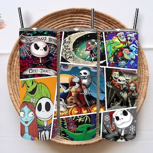 K&ouml;nnte beinhalten: Drei Nightmare Before Christmas-Tassen mit verschiedenen Designs. Die erste Tasse zeigt Jack Skellington mit dem Text "The Nightmare Before Christmas". Die zweite Tasse zeigt Jack Skellington und Sally mit dem Text "I love you to the moon and back". Die dritte Tasse zeigt eine Collage verschiedener Figuren aus dem Film.