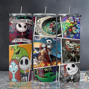 K&ouml;nnte beinhalten: Drei Edelstahlbecher mit verschiedenen Designs, die Figuren aus dem Film "Nightmare Before Christmas" zeigen. Die Designs beinhalten Jack Skellington, Sally und Oogie Boogie. Die Becher sind alle schwarz und haben einen wei&szlig;en Deckel.