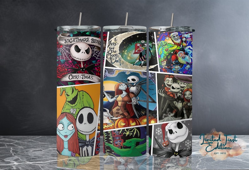 K&ouml;nnte beinhalten: Drei Edelstahlbecher mit verschiedenen Designs, die Figuren aus dem Film "Nightmare Before Christmas" zeigen. Die Designs beinhalten Jack Skellington, Sally und Oogie Boogie. Die Becher sind alle schwarz und haben einen wei&szlig;en Deckel.