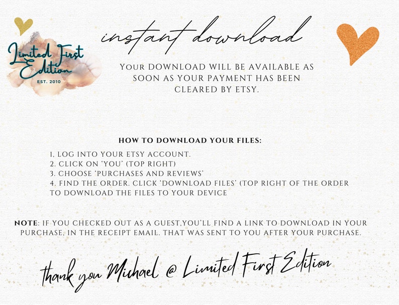 May include: A digital download instruction card with a watercolour background and a heart graphic. The text reads "Instant Download" and includes instructions on how to download digital files from Etsy.