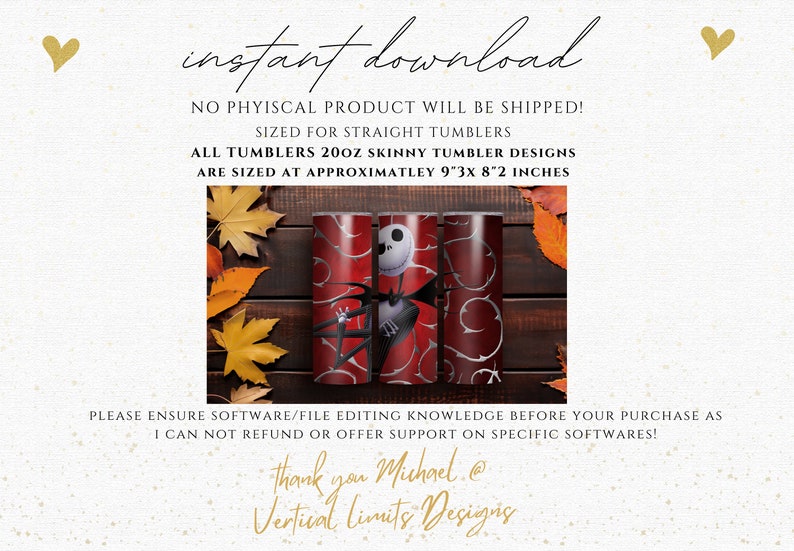 May include: Three 20oz skinny tumbler designs with a red background and silver swirls. One tumbler features Jack Skellington from The Nightmare Before Christmas. The tumblers are approximately 9" x 8"2 inches. Text reads "instant download".