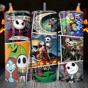 K&ouml;nnte beinhalten: Drei Edelstahlbecher mit verschiedenen Designs aus Nightmare Before Christmas. Der erste Becher zeigt Jack Skellington und den Text "The Nightmare Before Christmas". Der zweite Becher zeigt Jack Skellington und Sally. Der dritte Becher zeigt Jack Skellington und den Text "Love You To The Moon And Back".