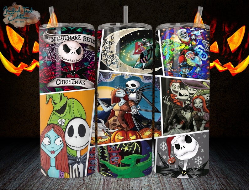 K&ouml;nnte beinhalten: Drei Edelstahlbecher mit verschiedenen Designs aus Nightmare Before Christmas. Der erste Becher zeigt Jack Skellington und den Text "The Nightmare Before Christmas". Der zweite Becher zeigt Jack Skellington und Sally. Der dritte Becher zeigt Jack Skellington und den Text "Love You To The Moon And Back".