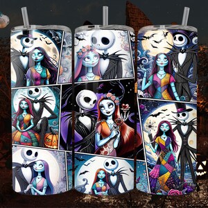 K&ouml;nnte beinhalten: Ein Edelstahlbecher mit einem farbenfrohen Grafikdesign, das Jack Skellington und Sally aus Nightmare Before Christmas zeigt. Das Design ist im Comic-Stil mit mehreren Panels, die das Paar in verschiedenen Posen zeigen.
