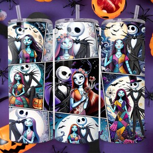 K&ouml;nnte beinhalten: Ein Edelstahlbecher mit einem farbenfrohen Comic-Design mit Jack Skellington und Sally aus Nightmare Before Christmas. Das Design enth&auml;lt mehrere Szenen des Paares zusammen.
