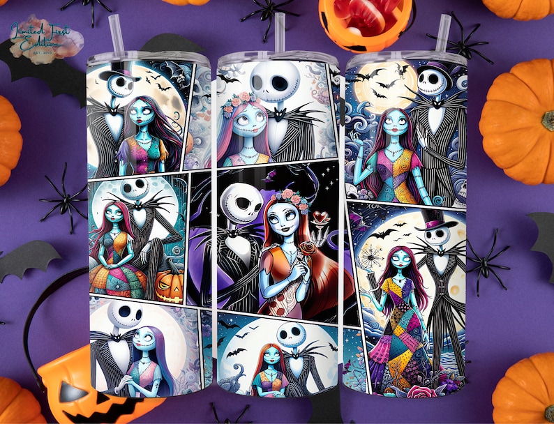 K&ouml;nnte beinhalten: Ein Edelstahlbecher mit einem farbenfrohen Comic-Design mit Jack Skellington und Sally aus Nightmare Before Christmas. Das Design enth&auml;lt mehrere Szenen des Paares zusammen.