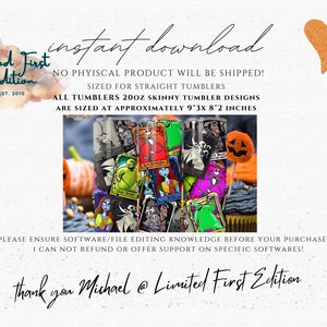 May include: A collection of 20 ounce skinny tumbler designs featuring characters from The Nightmare Before Christmas. The designs are approximately 23.6 cm tall and 20.8 cm wide. The tumblers are shown on a table with a cupcake and a pumpkin.