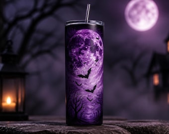 Bats and Moon Tumbler Wrap PNG, 20oz Halloween Sublimation Instant Download