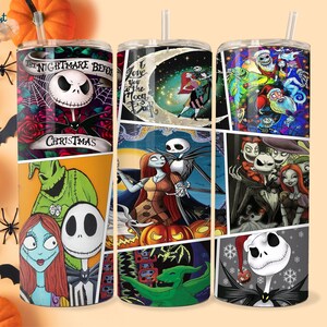 K&ouml;nnte beinhalten: Drei Edelstahlbecher mit verschiedenen Designs, die Figuren aus dem Film Nightmare Before Christmas zeigen. Die Designs beinhalten Jack Skellington, Sally und Oogie Boogie.