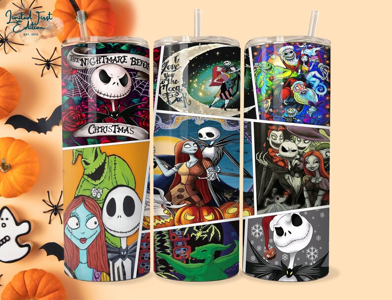 K&ouml;nnte beinhalten: Drei Edelstahlbecher mit verschiedenen Designs, die Figuren aus dem Film Nightmare Before Christmas zeigen. Die Designs beinhalten Jack Skellington, Sally und Oogie Boogie.