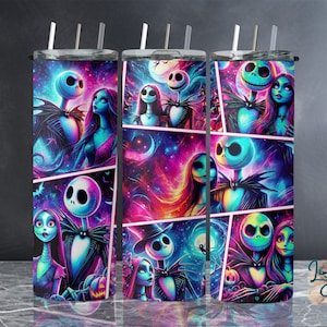 May include: Set of three stainless steel tumblers featuring a vibrant, comic-style illustration of Jack Skellington and Sally from The Nightmare Before Christmas. The design includes a colorful space-themed background with the text "Limited First Edition Est. 2010".