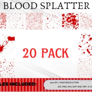 May include: A set of 20 high-resolution blood splatter graphics in a pack. The graphics are in red and white and are perfect for adding a gory touch to your designs. Files included: JPG, PNG, SVG, DXF, PDF, AI, ESP.