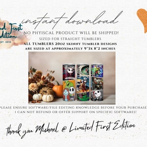 K&ouml;nnte beinhalten: Drei schlanke Becher mit einem Design von Nightmare Before Christmas. Die Becher sind etwa 23,5 cm hoch und 7,5 cm im Durchmesser. Die Becher sind von Herbstlaub und K&uuml;rbissen umgeben.