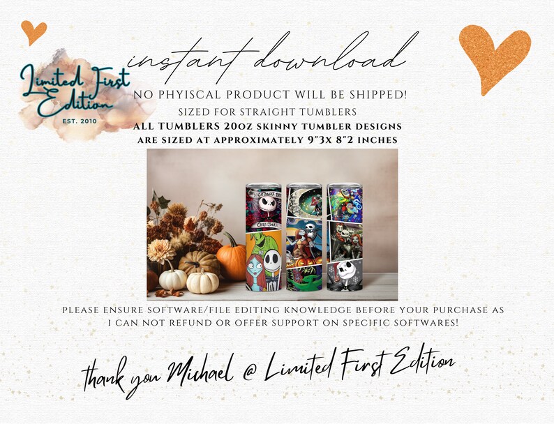 K&ouml;nnte beinhalten: Drei schlanke Becher mit einem Design von Nightmare Before Christmas. Die Becher sind etwa 23,5 cm hoch und 7,5 cm im Durchmesser. Die Becher sind von Herbstlaub und K&uuml;rbissen umgeben.