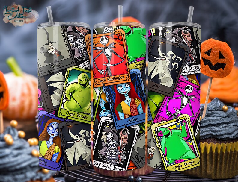 May include: A stainless steel tumbler with a colourful design featuring characters from The Nightmare Before Christmas. The design includes Jack Skellington, Sally, Oogie Boogie, Zero, and Lock, Shock, and Barrel. The tumbler is perfect for Halloween.