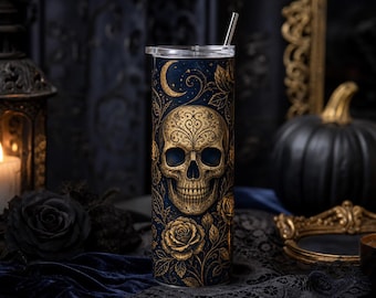 Gothic Skull Tumbler Wrap PNG, 20oz Skinny Sublimation Design, Gold Filigree Halloween Instant Download