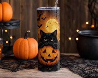 Black Cat Tumbler Wrap PNG, 20oz Halloween Sublimation, Pumpkin Instant Download