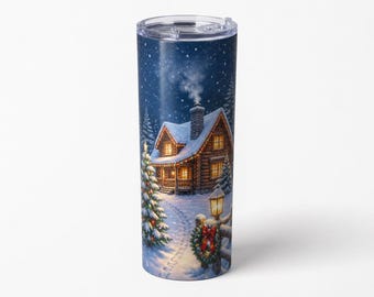 Snowy Cabin Tumbler Wrap PNG, 20oz Christmas Sublimation Instant Download