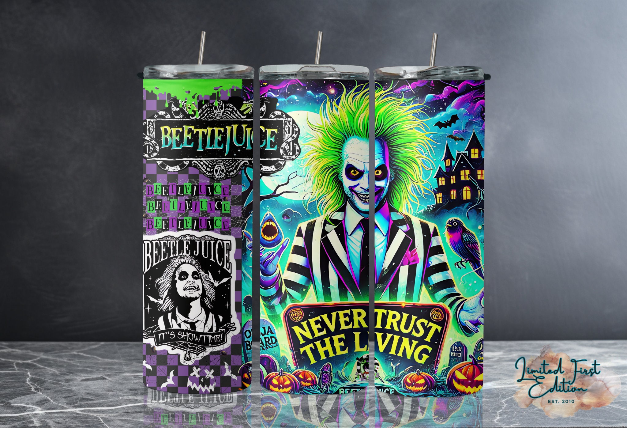 Never Trust The Living Halloween Tumbler Wrap Png, Cartoon Horror 20oz Tumbler, Halloween Horror Skinny & Tapered Tumbler 20oz Design