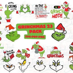 Pode incluir: Uma coleção digital de ilustrações com o tema Grinch, apresentando personagens verdes com gorros de Natal, várias expressões faciais e frases festivas como Merry Grinchmas, Grinch Mode e My Day I'm Booked, em formatos SVG, PDF e PNG.