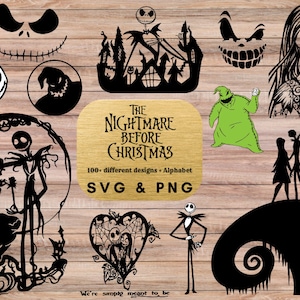 Pode incluir: Imagens em silhueta em preto e branco de personagens do filme O Estranho Mundo de Jack. O título "The Nightmare Before Christmas" está escrito em texto preto sobre um fundo dourado. O texto "100+ designs diferentes Alphabet SVG & PNG" está escrito abaixo do título. O texto "We're simply meant to be" está escrito na parte inferior da imagem.