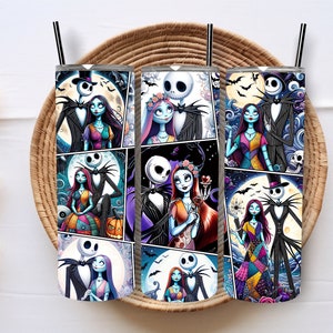 K&ouml;nnte beinhalten: Drei Edelstahlbecher mit einem bunten Grafikdruck von Jack Skellington und Sally aus dem Film Nightmare Before Christmas. Die Becher sind in einer Reihe auf einem geflochtenen Korb angeordnet.