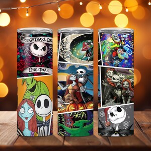 K&ouml;nnte beinhalten: Drei Edelstahlbecher mit verschiedenen Designs aus Nightmare Before Christmas. Der erste Becher zeigt Jack Skellington mit dem Text "The Nightmare Before Christmas". Der zweite Becher zeigt Jack Skellington und Sally mit dem Text "I Love You To The Moon". Der dritte Becher zeigt eine Gruppe von Charakteren aus dem Film.