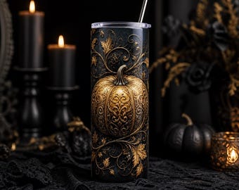Pumpkin Tumbler Wrap PNG, 20oz Skinny Halloween Sublimation, Gothic Instant Download