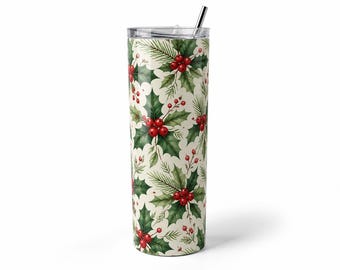 Christmas Holly Tumbler Wrap PNG, 20oz Sublimation Instant Download