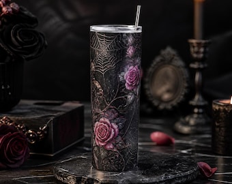 Gothic Rose Web Tumbler Wrap PNG, 20oz Halloween Sublimation Instant Download